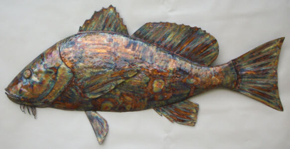 Hand Painted Copper Metal Fish Sculpture & Sea Fan Metal Art Sculpture On  Stand